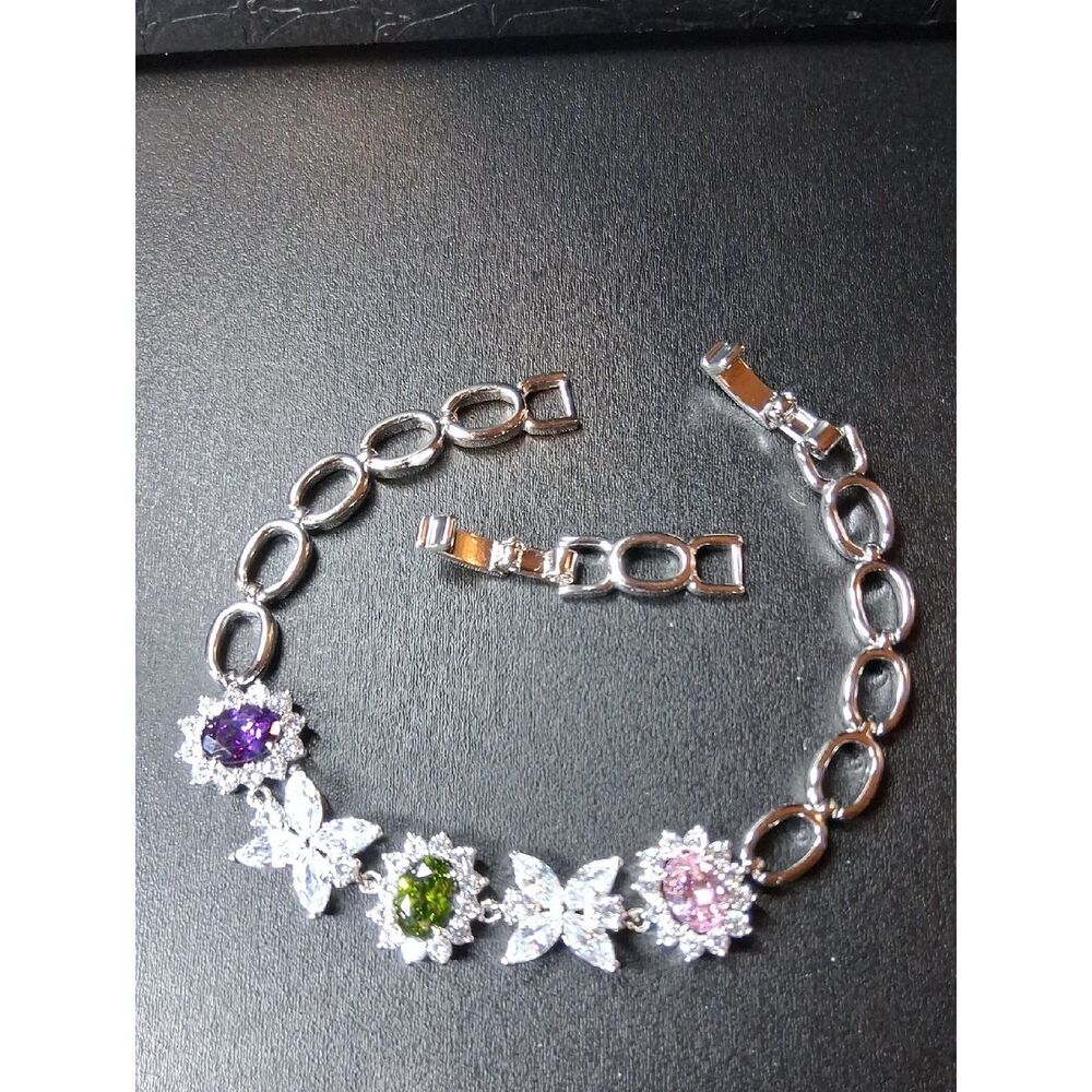 18k White GF Butterfly Gemstone CZ Bracelet With Extra Extender New In Box